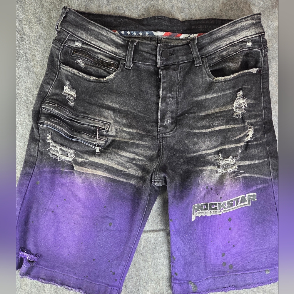 Rockstar Originals Black and Purple Distressed Jean Shorts Sz 32 Distressed